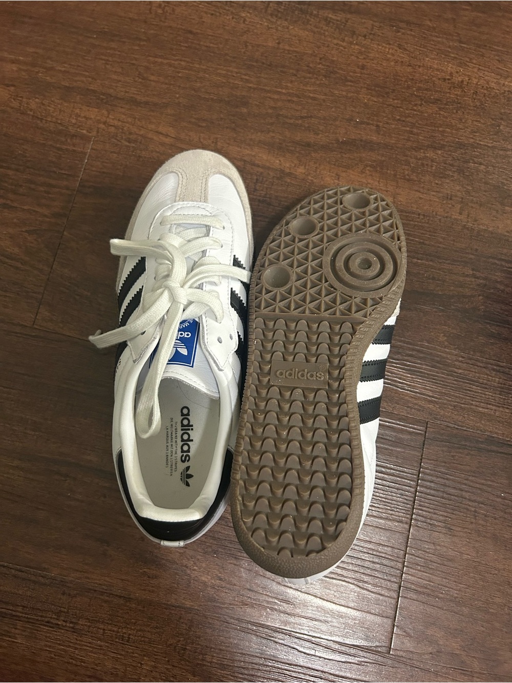 adidas Samba White Sneakers with Black Stripes and Tan Suede Toe - Picture 2 of 4
